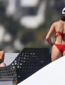Olivia Culpo Cleavage and Booty in Red Thong Bikini On a Yacht in Cabo San Lucas