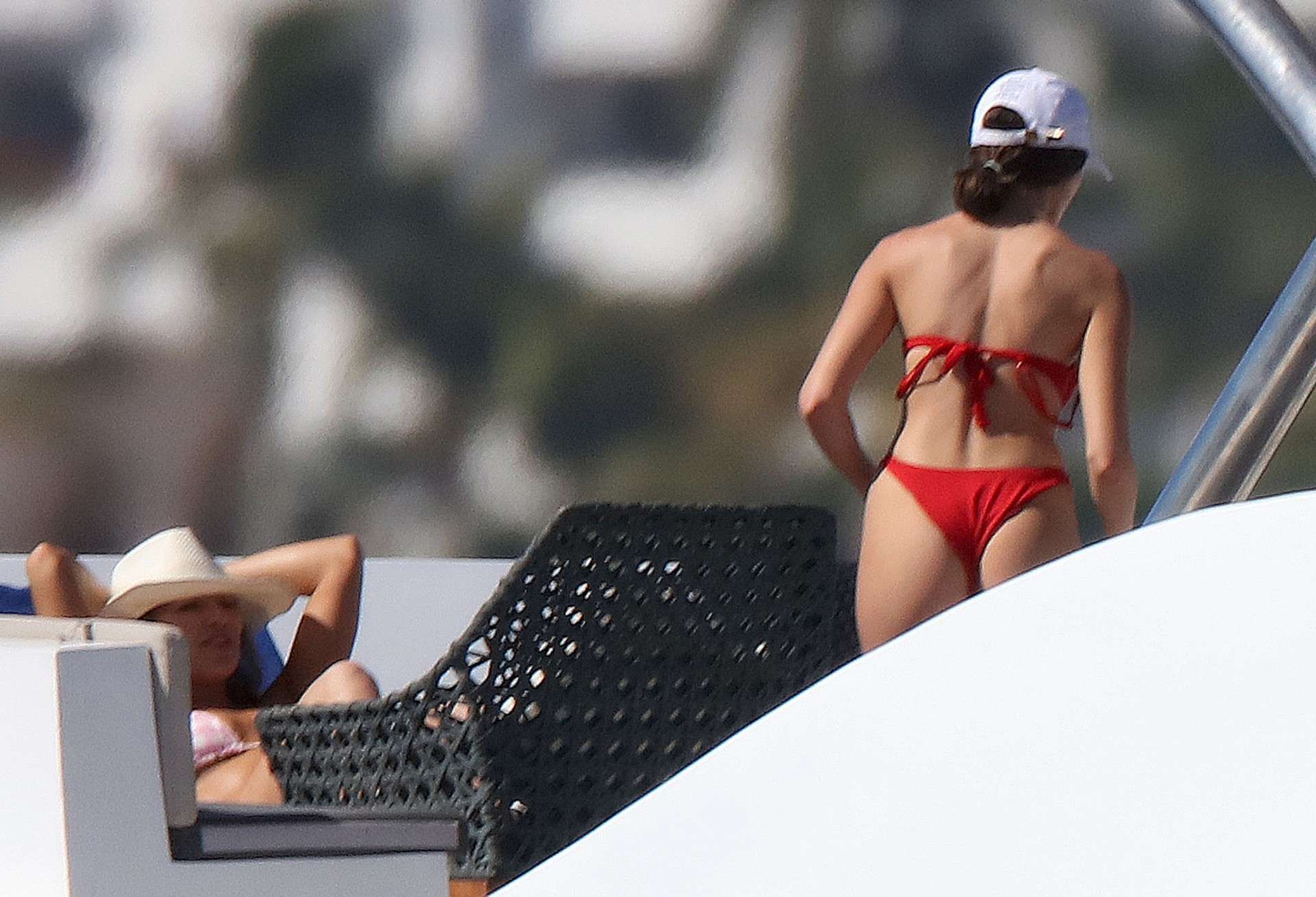 Olivia Culpo Cleavage and Booty in Red Thong Bikini On a Yacht in Cabo San Lucas