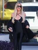 Khloe Kardashian in Tight Black Bodysuit at a Skims Shoot for Sister Kim in Burbank