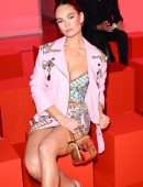 Lily James Upskirt at Versace Fashion Show in Milan