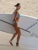 Pia Miller Booty in Bikini Surfing on a Beach with Friends in Malibu