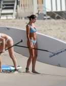 Pia Miller Booty in Bikini Surfing on a Beach with Friends in Malibu