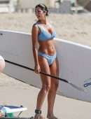 Pia Miller Booty in Bikini Surfing on a Beach with Friends in Malibu