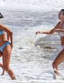 Pia Miller Booty in Bikini Surfing on a Beach with Friends in Malibu