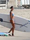 Pia Miller Booty in Bikini Surfing on a Beach with Friends in Malibu