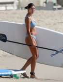 Pia Miller Booty in Bikini Surfing on a Beach with Friends in Malibu