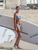Pia Miller Booty in Bikini Surfing on a Beach with Friends in Malibu