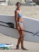 Pia Miller Booty in Bikini Surfing on a Beach with Friends in Malibu