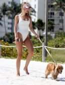 Kimberley Garner Booty in a White Swimsuit, Walking her Dog on Miami Beach