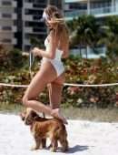 Kimberley Garner Booty in a White Swimsuit, Walking her Dog on Miami Beach