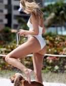 Kimberley Garner Booty in a White Swimsuit, Walking her Dog on Miami Beach