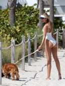 Kimberley Garner Booty in a White Swimsuit, Walking her Dog on Miami Beach