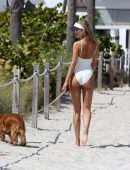 Kimberley Garner Booty in a White Swimsuit, Walking her Dog on Miami Beach