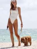 Kimberley Garner Booty in a White Swimsuit, Walking her Dog on Miami Beach