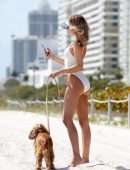Kimberley Garner Booty in a White Swimsuit, Walking her Dog on Miami Beach