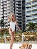 Kimberley Garner Booty in a White Swimsuit, Walking her Dog on Miami Beach