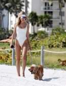 Kimberley Garner Booty in a White Swimsuit, Walking her Dog on Miami Beach
