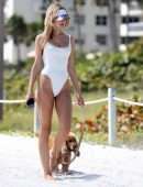 Kimberley Garner Booty in a White Swimsuit, Walking her Dog on Miami Beach