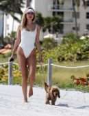 Kimberley Garner Booty in a White Swimsuit, Walking her Dog on Miami Beach