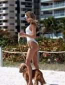 Kimberley Garner Booty in a White Swimsuit, Walking her Dog on Miami Beach