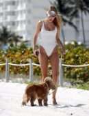 Kimberley Garner Booty in a White Swimsuit, Walking her Dog on Miami Beach