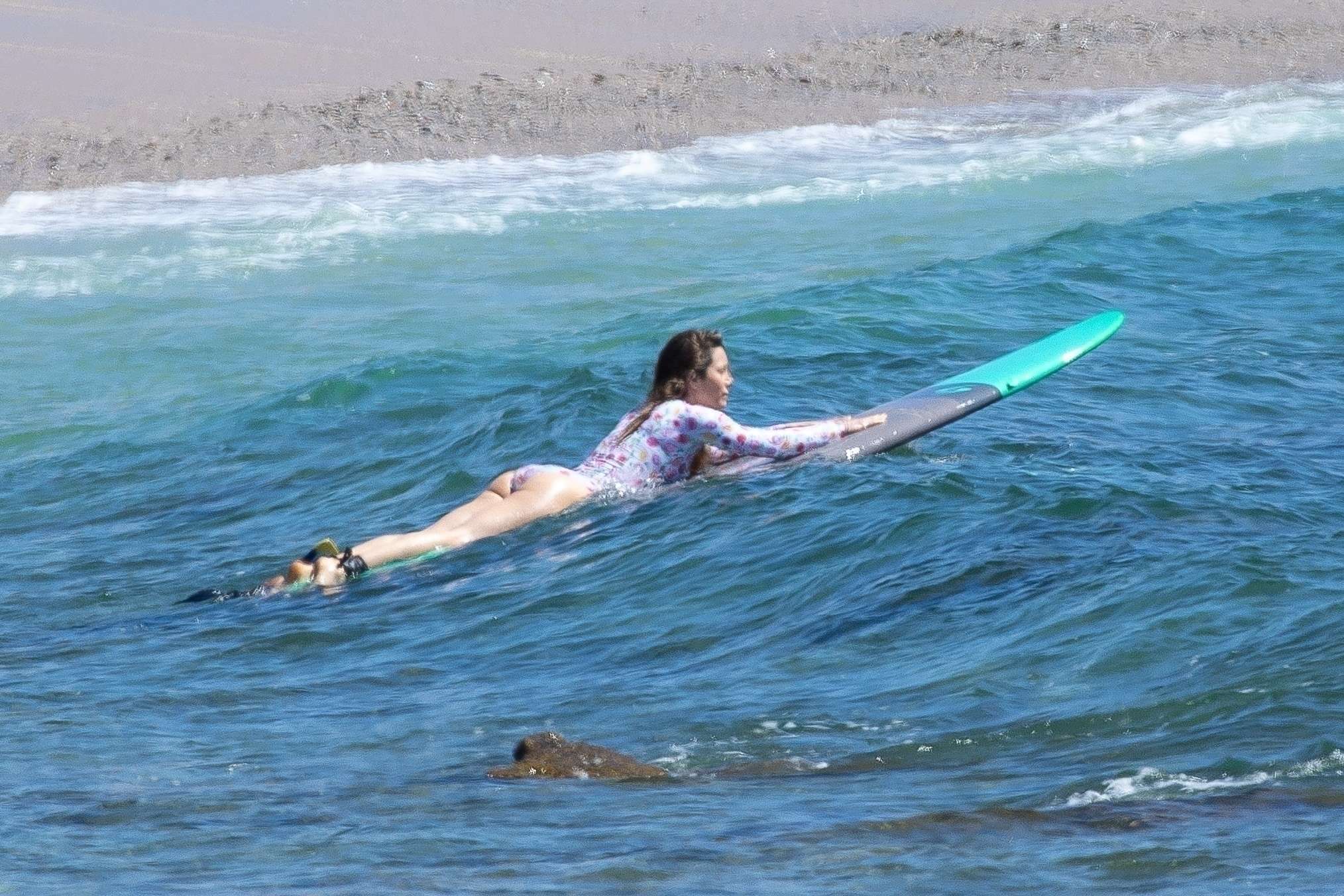 Jessica Biel in Swimsuit Surfing at JT Cabo Beach