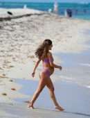 Camila Coelho Pregnant, Shows off at the Beach in a Purple Bikini in Miami