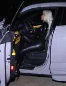 Kim Kardashian Cleavage and Leggy in Leather Outfit, Out in Los Angeles