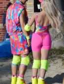 Margot Robbie Booty in Tights, on “Barbie” Movie Set in Los Angeles