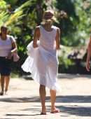 Candice Swanepoel in a White Dress, Seen on a Stroll Through the Trancoso Mainland