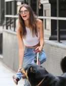 Emily Ratajkowski in White Tank Top Walking her Dog in NYC