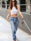 Emily Ratajkowski in White Tank Top Walking her Dog in NYC