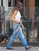 Emily Ratajkowski in White Tank Top Walking her Dog in NYC