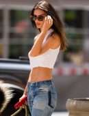 Emily Ratajkowski in White Tank Top Walking her Dog in NYC