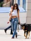 Emily Ratajkowski in White Tank Top Walking her Dog in NYC