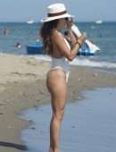 Eva Longoria Booty in a White Swimsuit on a Beach in Marbella