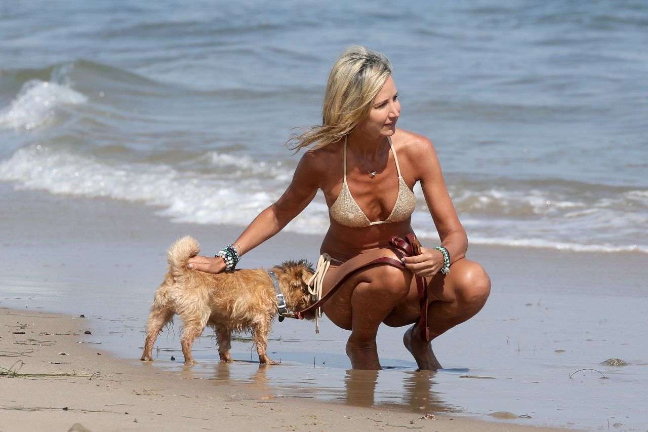 Lady Victoria Hervey in Bikini with her Dog on a Beach in Malibu