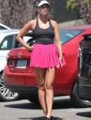 April Love Geary Leggy in Skirt Posing after Her Tennis Class in Malibu