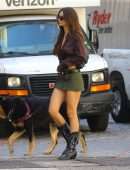 Emily Ratajkowski in Skirt, Walking her Dog in New York