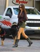 Emily Ratajkowski in Skirt, Walking her Dog in New York