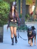 Emily Ratajkowski in Skirt, Walking her Dog in New York