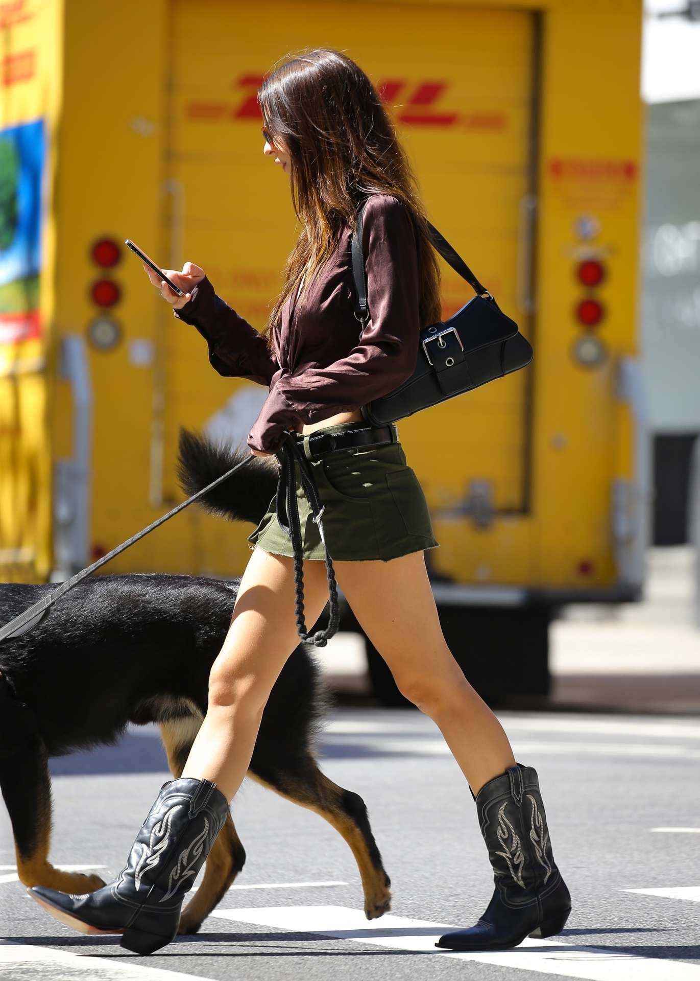 Emily Ratajkowski in Skirt, Walking her Dog in New York