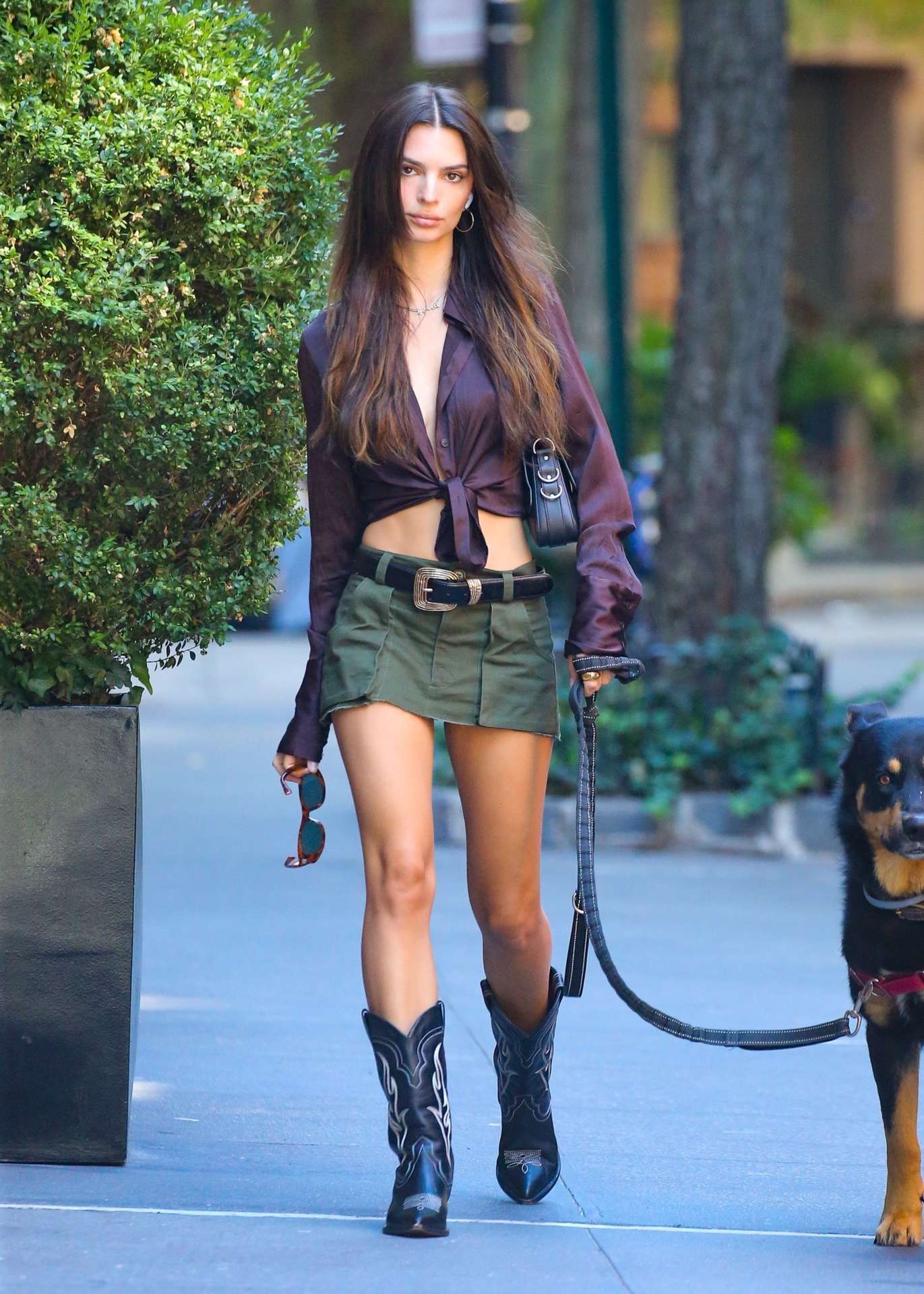 Emily Ratajkowski in Skirt, Walking her Dog in New York