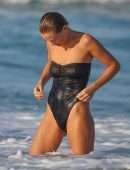Lara Bingle and Phoebe Tonkin in Black Swimsuit at a Beach in Sydney