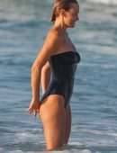 Lara Bingle and Phoebe Tonkin in Black Swimsuit at a Beach in Sydney