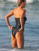 Lara Bingle and Phoebe Tonkin in Black Swimsuit at a Beach in Sydney