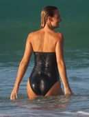 Lara Bingle and Phoebe Tonkin in Black Swimsuit at a Beach in Sydney