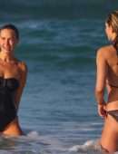 Lara Bingle and Phoebe Tonkin in Black Swimsuit at a Beach in Sydney