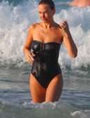 Lara Bingle and Phoebe Tonkin in Black Swimsuit at a Beach in Sydney