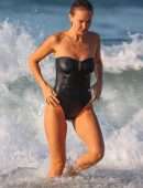 Lara Bingle and Phoebe Tonkin in Black Swimsuit at a Beach in Sydney
